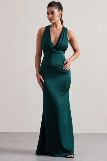 Tiffany Bottle Green Satin Plunge-Neck Maxi Dress